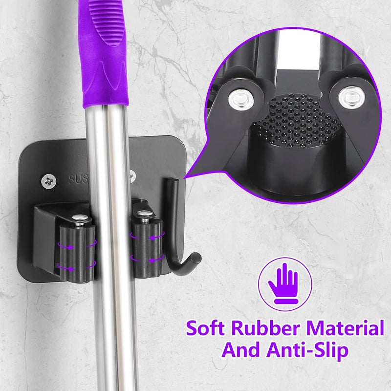 YUWANTING Stainless Steel Broom Holder, Heavy Duty, Rust Resistant, 4 Gripper Positions with 4 Hooks, Black - Image 3